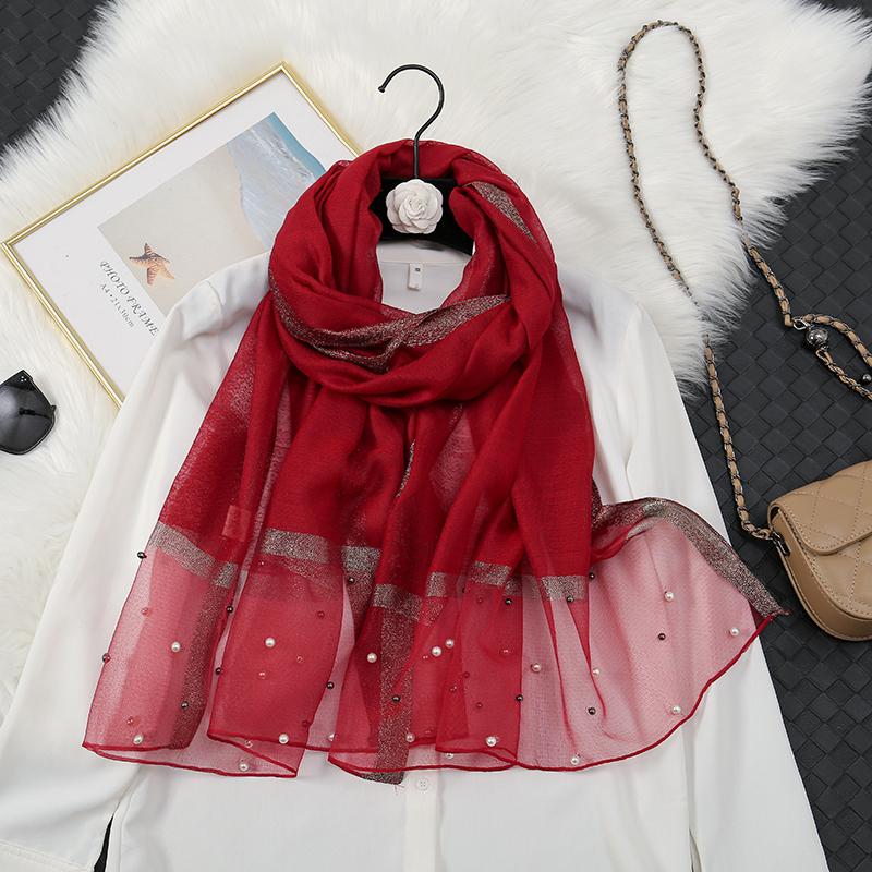 Fashion Luxury Silk Scarf For Women Shawls With Beads Long Scarf For Women Female Foluard Stoles Bandana Head Wraps Headscarf