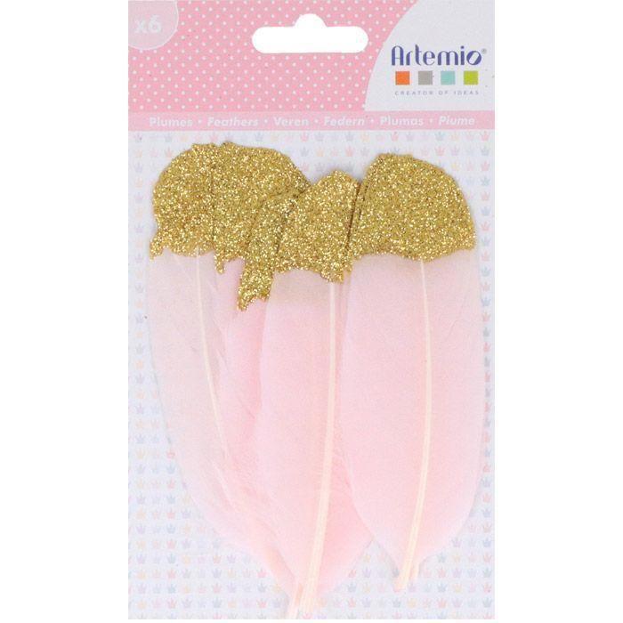 6 PINK FEATHER GOLD TIP GLITTER 11X3.5CM