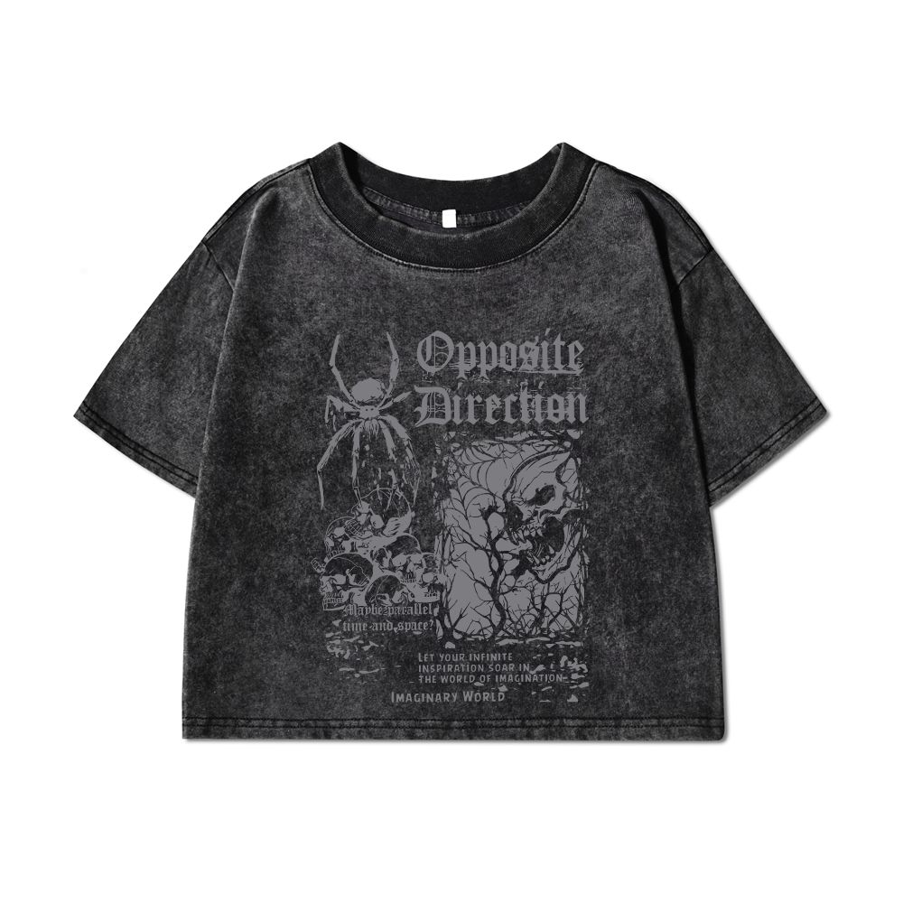 Womans Cotton Crop Washed T-Shirts Scary Spider Skull Prints Short Sleeve Oversize O-Neck Distressed Tops Clothes