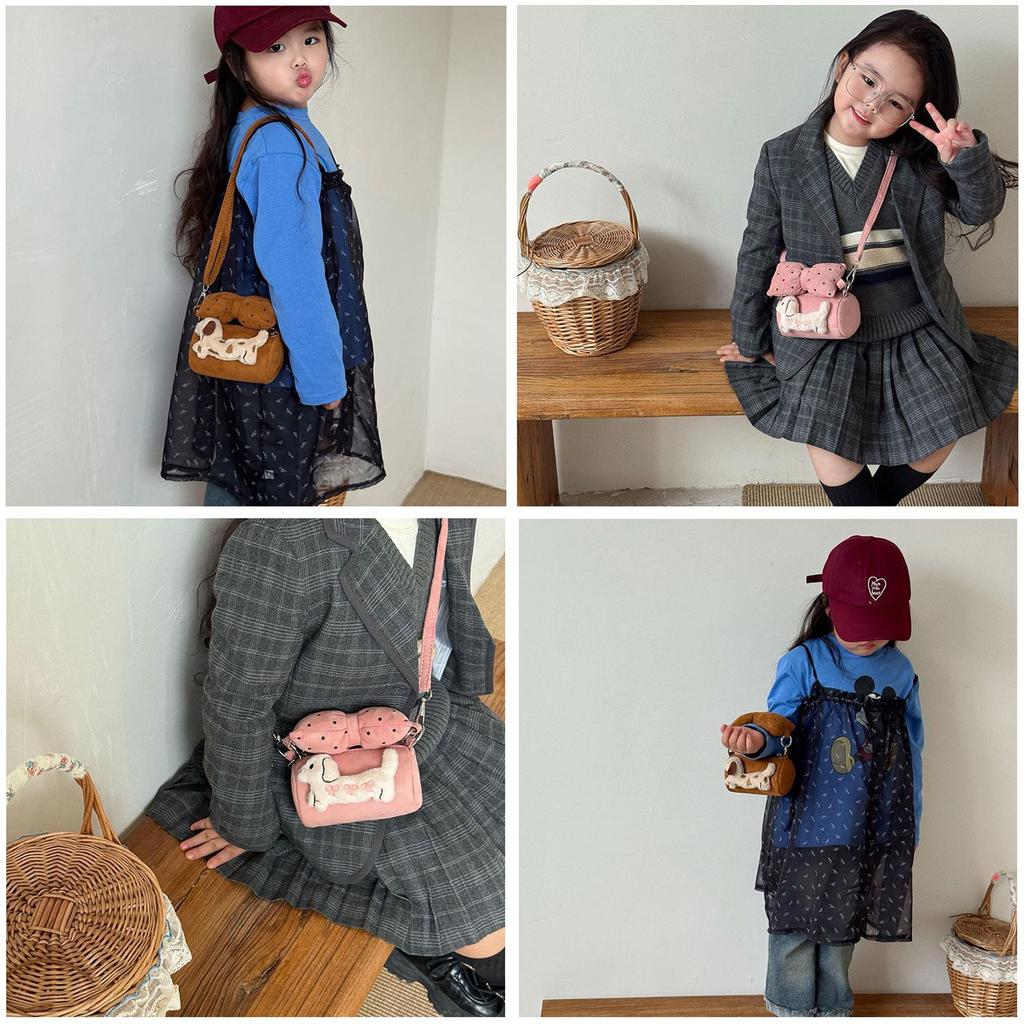 Princess Style Girl Bucket Bag With Bow And Dog Decoration For Kindergarten Daily Use