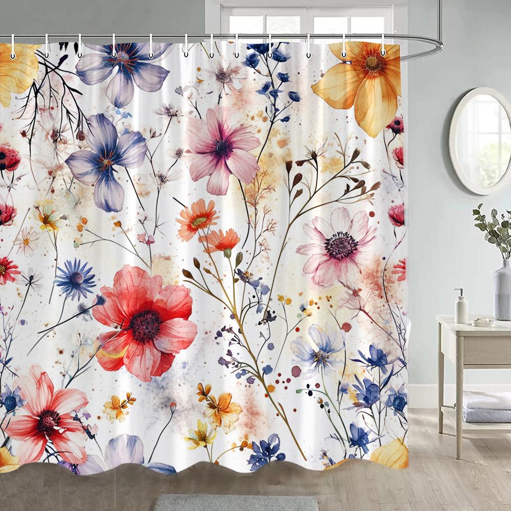 

Floral Shower Curtains Watercolour Blue Purple Flowers Butterfly Leaves Plant Bath Curtain Polyester Bathroom Decor with Hooks 90x180cm-35x70in