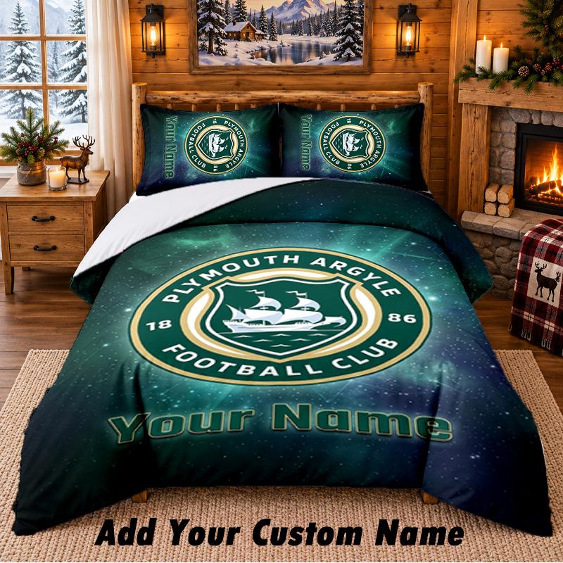 Plymouth Argyle FC Pattern Bedding 3Pcs Set Custom Name, Bed Sheet And Pillowcases For Home Bedroom