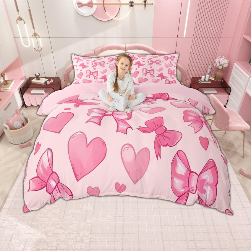 Homewish Kawaii Bow Knot Duvet Cover Set For Princess Girls Ribbon Bedding Set Bow-Tie Quilt Cover Set Bedroom Decor