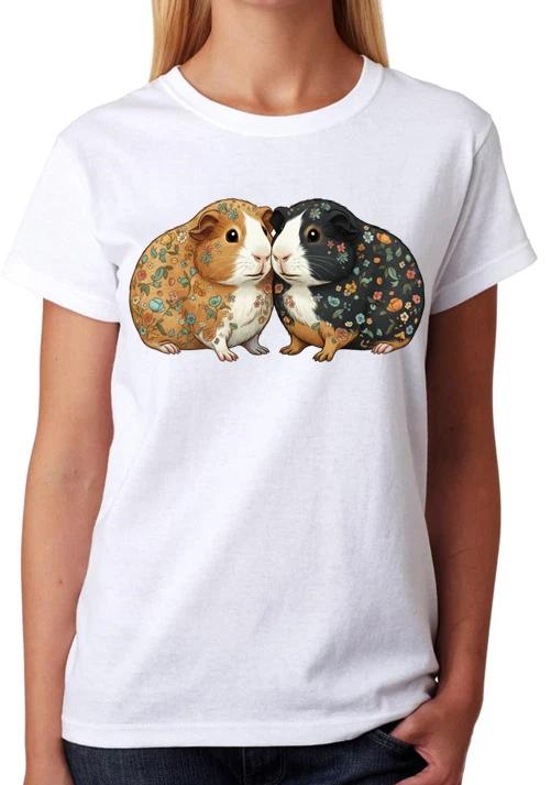 Floral Guinea Pig Couple Illustration Ladies T-Shirt Cute Pet Art Tee XXXL