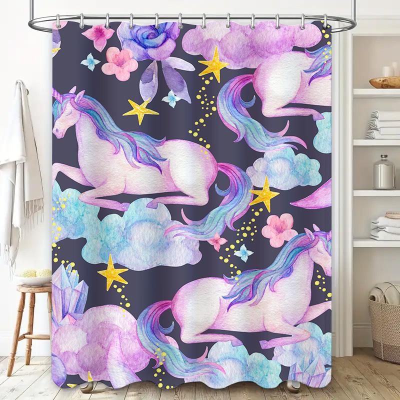 Colorful Unicorn Shower Curtain Fantasy Clouds Crystals Decorative Waterproof Bath Rug Tarp for Kids Girls Bathroom Accessories