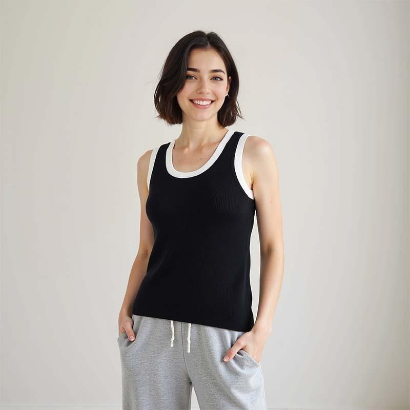 Sleeveless Contrasting Color Splicing Worsted 0 Wool Sling Vest Top Women's Design Sense Versatile Inside and Thin Base