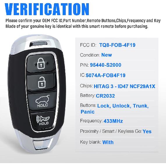 

Бесключевой Брелок Дистанционного Управления Проксимити Смарт-передатчик Замена для Hyundai Santa Fe 2019-2020 TQ8-FOB-4F19 95440-S2000 433 МГц