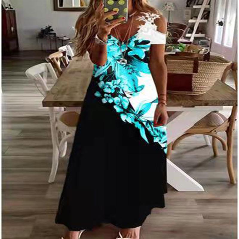 Women's summer new lace suspender v-neck fashion printed loose dress
