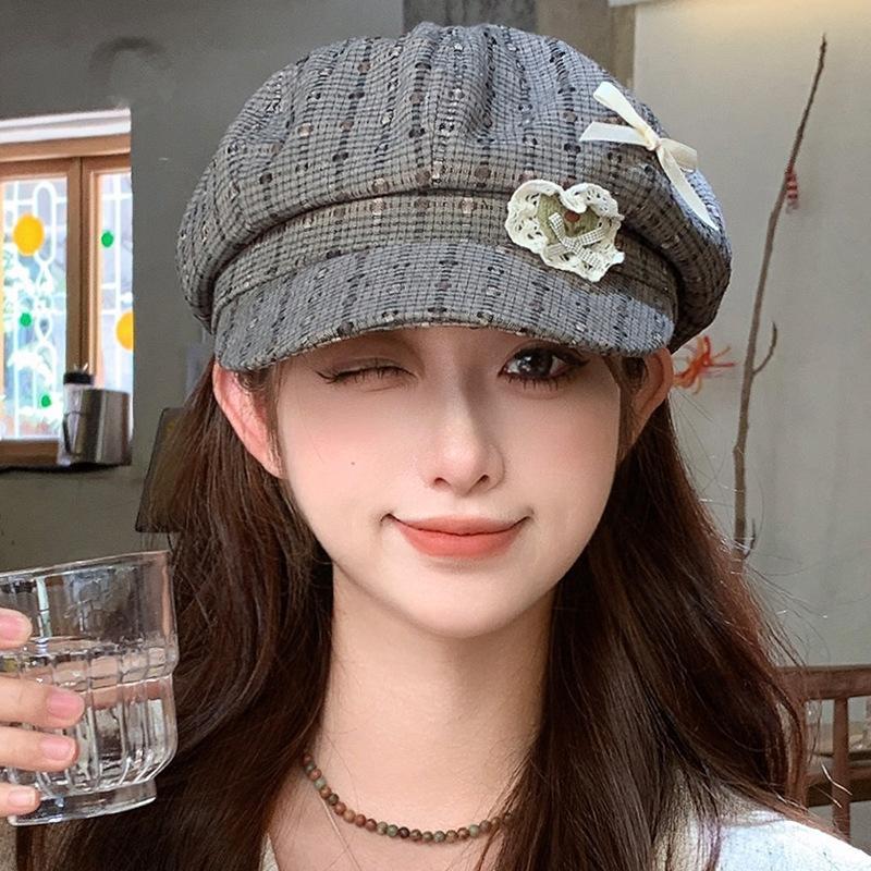 

Корейская версия Осенняя Любовь Кружево Бант Клетка Берет Женский Сладкий Литературный Универсальный Высококлассный Шляпа Художника average size