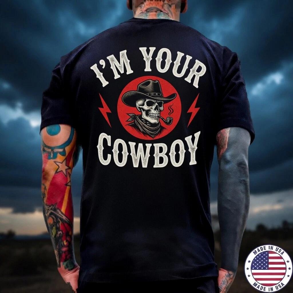 Mens Black Skeleton Cowboy T-Shirt Western Skull Graphic Tee Made in USA S-5XL L