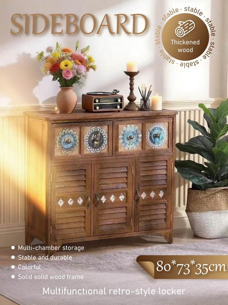 Retro-Style Solid Wood Sideboard (807335cm) - Multichamber Storage Cabinet with Colorful Decorative Panels