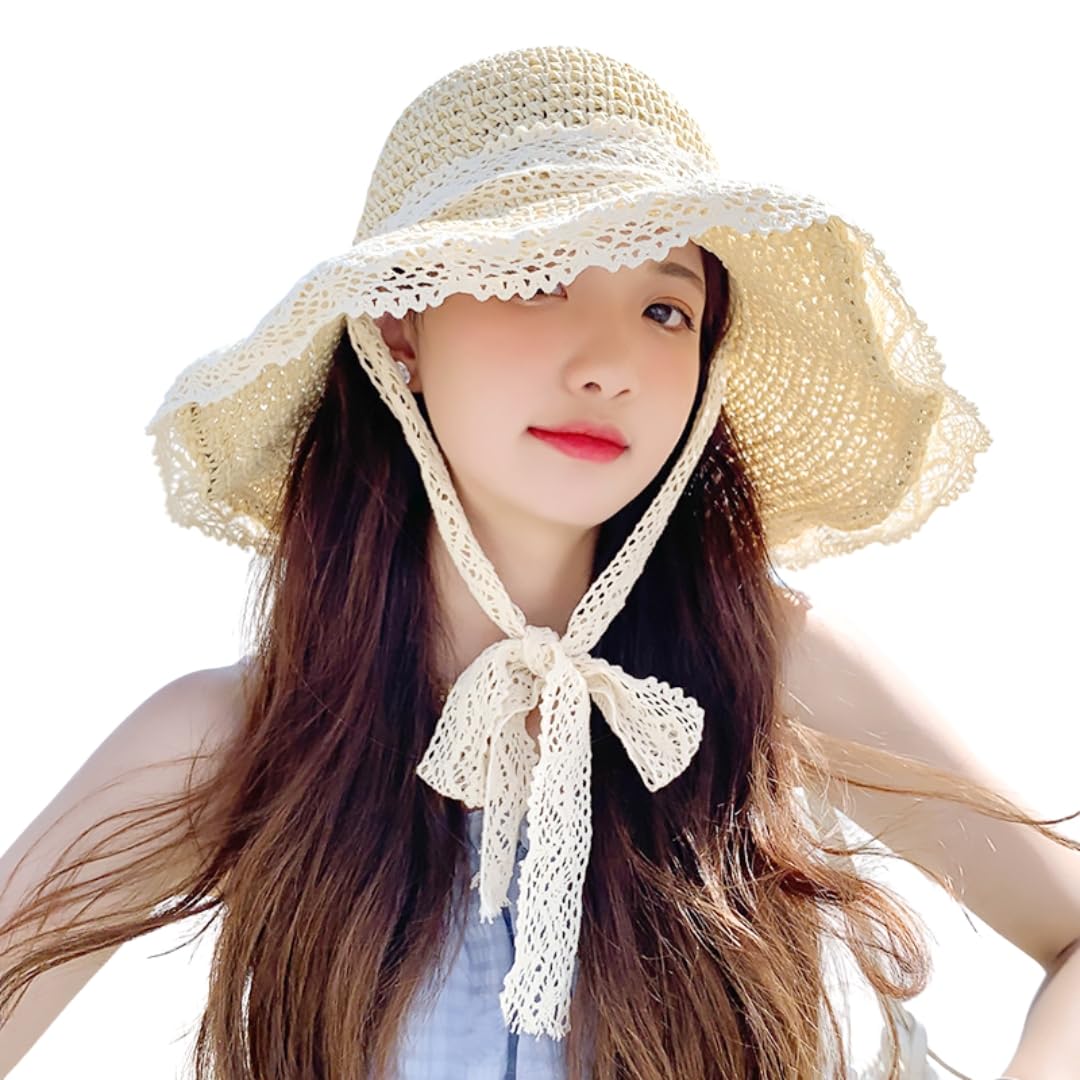 

Straw UV Sun Wide Large Lace Sun Protection [NAMEOF] Women s Hat, Protection, Hat, Face-Slimming Effect, Brim, Spring/Summer, Size, Ribbon, Foldable, бежевий