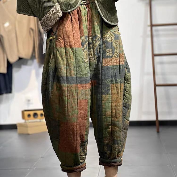 Herbst und Winter Übergröße Damen Ethno-Stil Verdickte elastische Taille Hundert bedruckte warme lockere elegante Hose