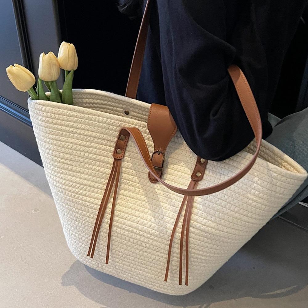 Large Capacity Woven Bag Women's New Straw Bag Shoulder Bucket Bag Portable Vegetable Basket Beach Bag Woven Straw Tote Bag for Women