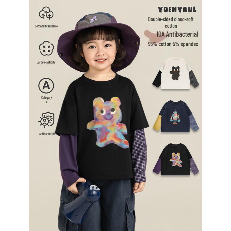 Kids Cartoon Spliced Faux Two-Piece Long Sleeve T-Shirt #140