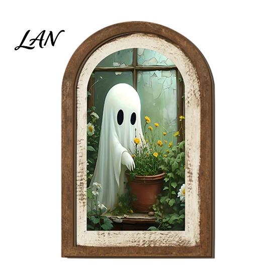Halloween Entrance Cabinet Decor Ghost/Witch Arched Wall Decor, Cute Ghost Table Sign, Rustic Farmhouse Shelf Retro Room Decorative Hanging