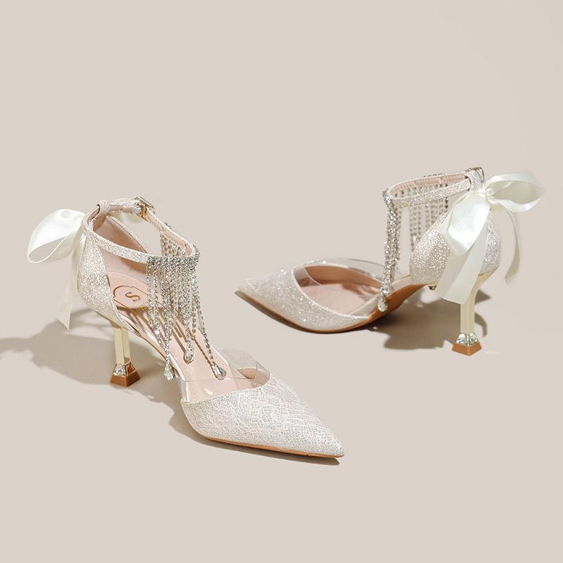 Quasten Strass feiner Glitzer High Heels Damen Sommer Ein-Wort Schnallenriemen sexy dünne Absatz Sandalen keine müden Füße einzelne Schuhe