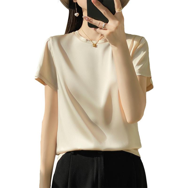 Frühling und Sommer Damen T-Shirt Seide Locker Rundhals Einfarbig Temperament Kurzarm T-Shirt Tops