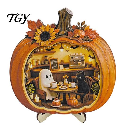 Miniature Scene Halloween Gifts Ghost Pumpkin Tabletop Sign, Wooden House with Mini Tiered Tray Ornaments Scene, Fall Harvest Desktop Ornament
