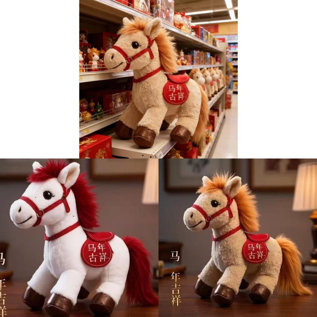 Pluche paardje gevuld met PP-katoen, ideaal als eindejaarsgeschenk of voor feestelijke gelegenheden.