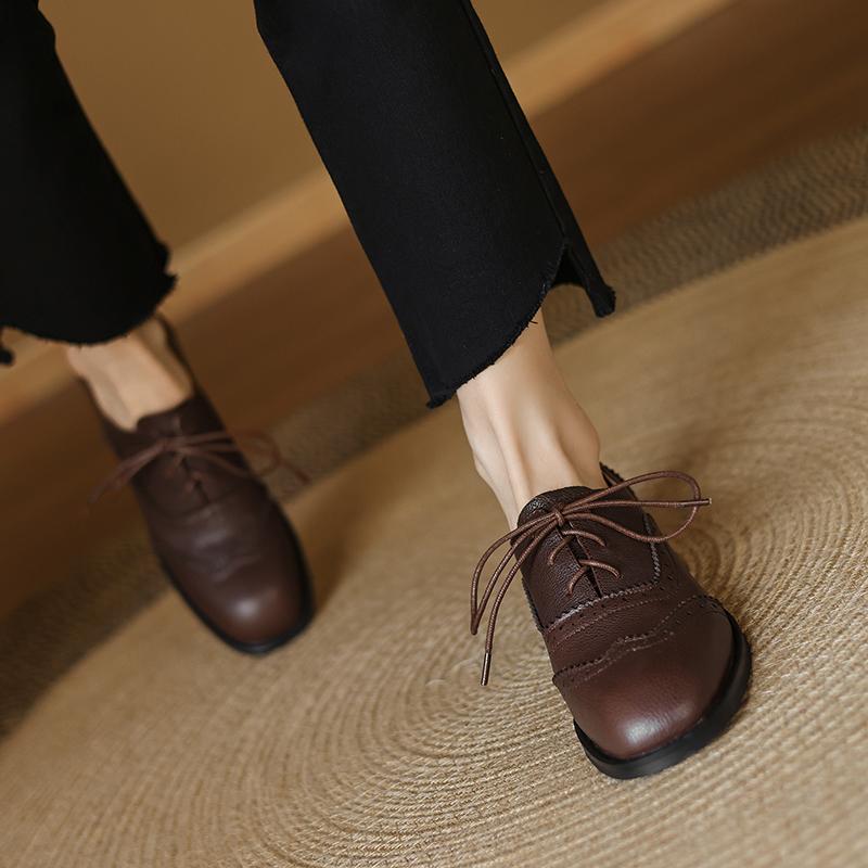 Krazing Pot Cow Skin Autumn Winter Brogues Shoes Lace Up Low Heels Size 42 Round Toe Oxford Shoes Carving Decoration Pumps