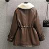 Plus Size Womens Faux Fur Lined Biker Jacket With Waist Cinching Design Thick Warm Outerwear In Black Brown Red
