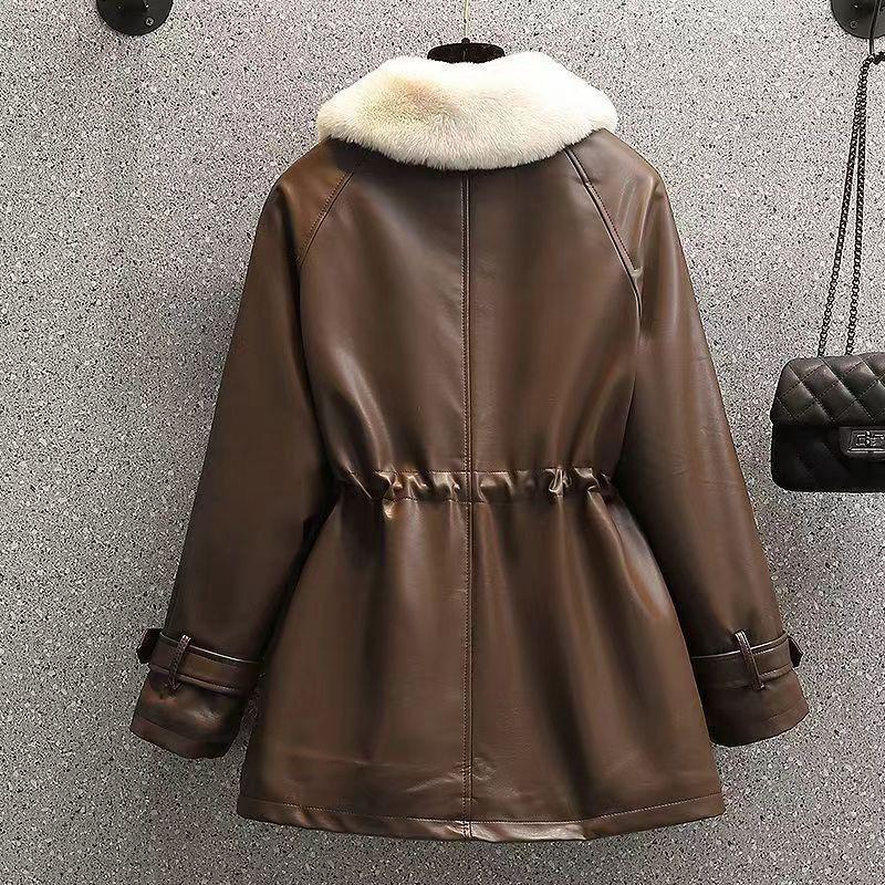 Plus Size Womens Faux Fur Lined Biker Jacket With Waist Cinching Design Thick Warm Outerwear In Black Brown Red