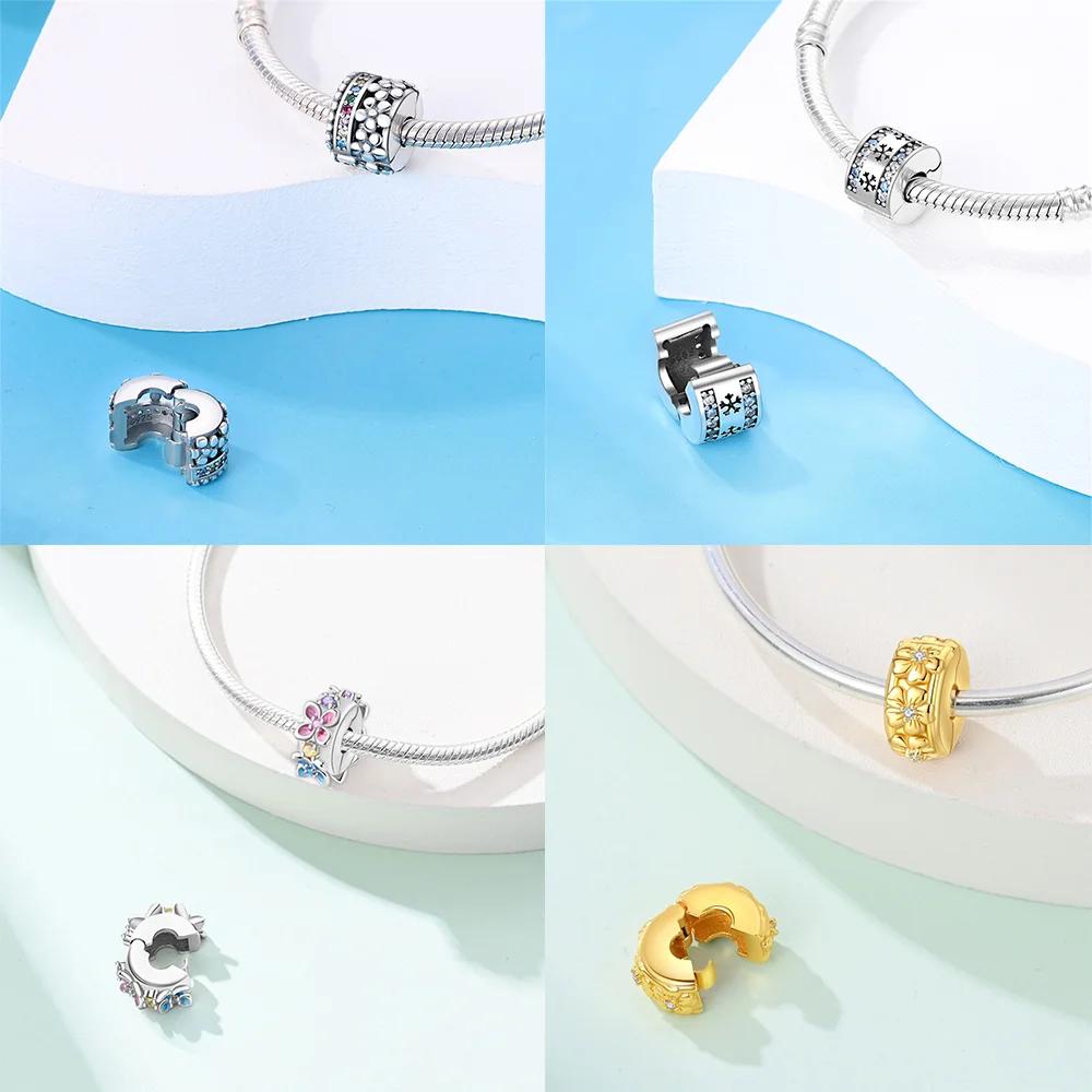 Copper Metal Inlaid Zirconium Flowers Four Leaf Clover Feathers Love Box Clip Charm Bead Components Spacer Bead Components Compatible With Bracelet