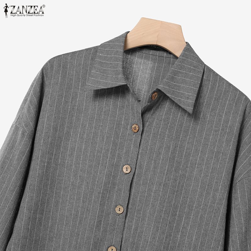 ZANZEA Seturi de Costume din Două Piese pentru Femei, cu Bluză cu Mânecă Lungă și Pantaloni Lungi, cu Dungi