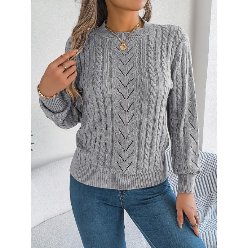 Women Autumn Winter Casual Solid Color Hollow Out Lantern Sleeve Pullover Sweater