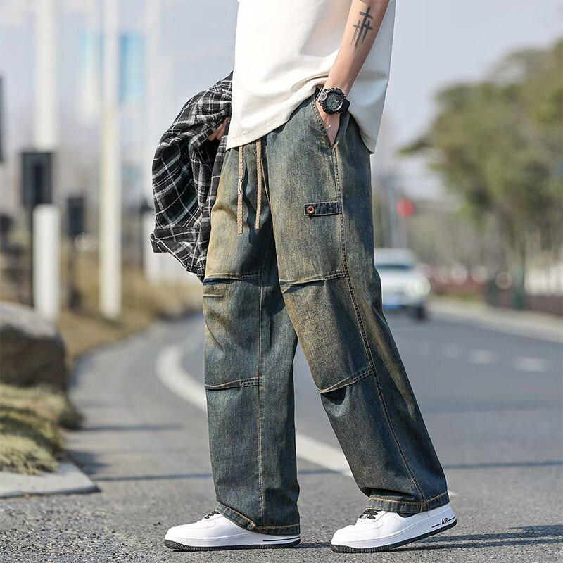 Men's Cargo Jeans Spring Summer Wide Leg Denim Pants Straight Baggy Jeans Asian Size