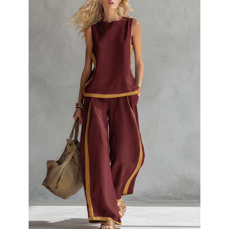 

Womens Sleeveless Color Block Linen Two Piece Pants Set S красный
