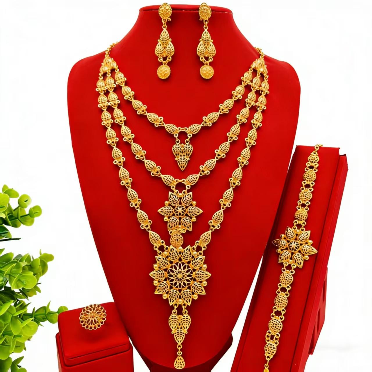 Хит продаж набор украшений из четырех предметов Ближний Восток Дубай свадебный набор ожерелье браслет кольцо серьги песочное золото голова 24k gold