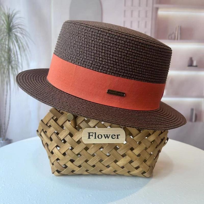 Flat Top Hat Women's Summer Vacation Seaside Panama Hat Flat Edge French Beach Hat Braided Sunshade Sunscreen Top Hat