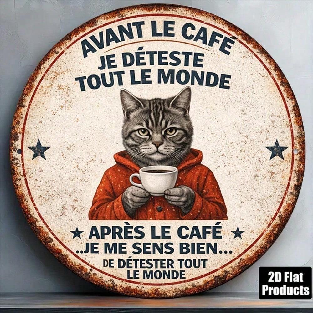 1pc 8x8in Vintage French Cat Metal Tin Sign Cute Pet Wall Art Round Plaque Home Cafe Decor