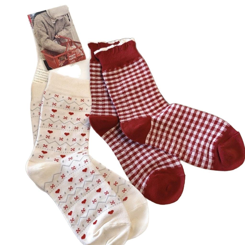 26 Year Of The Horse Red Socks Women'S Autumn And Winter New Japanese Bow Lace Cotton Socks Birthday New Year Red Stacking Socks