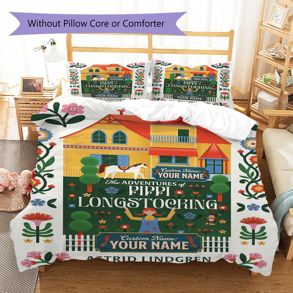 Pippi Longstocking Custom Name Pattern Bedding,Quilt Set Quilt Cover Pillowcase Home Birthday Gift(1 * duvet cover + 2 * pillowcase, without core)