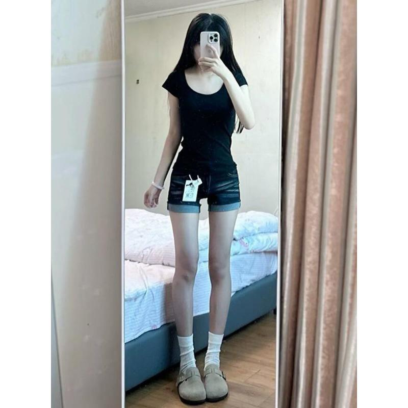 Women's High Waist Black Washed Denim Shorts Cuffed Hem Casual Jeans Shorts