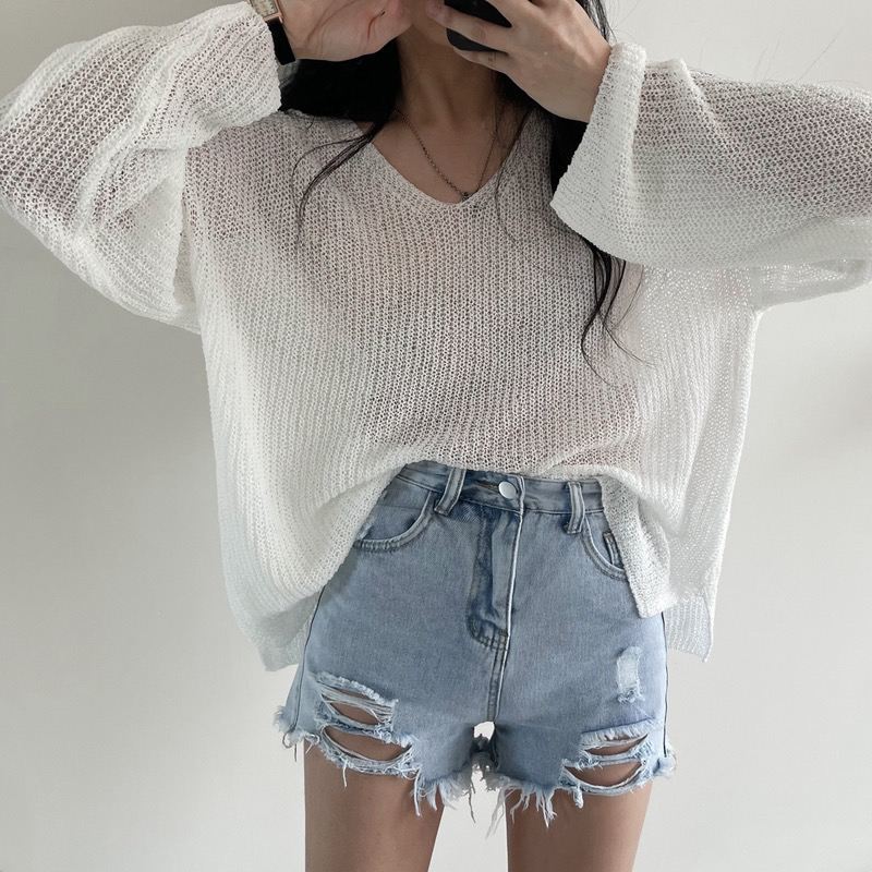 Summer Ice Silk Thin V-neck Sunscreen Sweater Coat Long Sleeve Knitted Hoodie Top T-shirt Air Conditioning Clothes