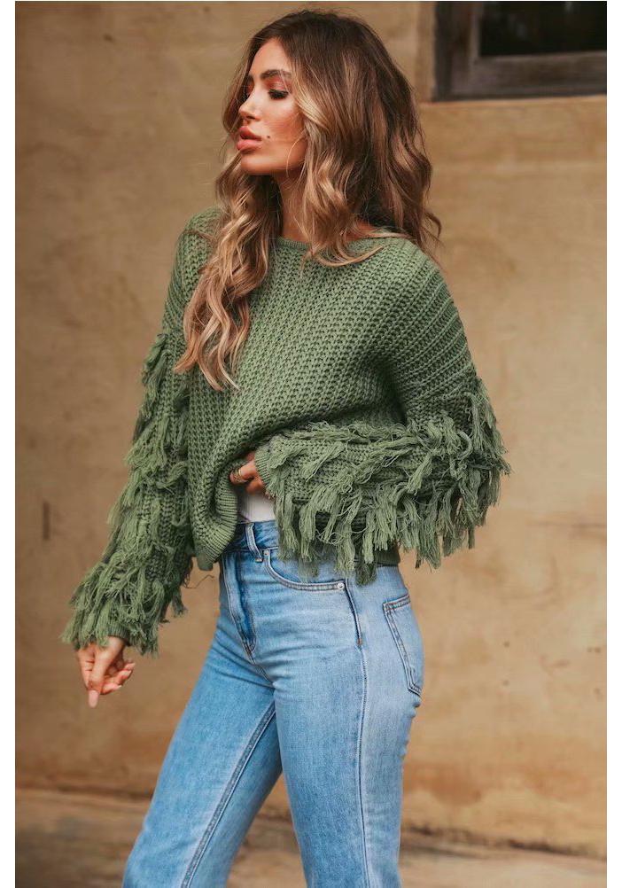 Women's Loose Knit Tassel Sweater - Long Sleeve European American Style