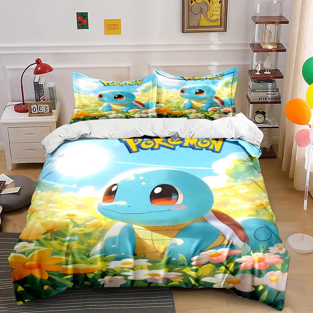 Japanese Anime Pokemon Squirtle Bedding Set Quilt 3 Pieces Duvet Cover King Queen Us Twin Size Bedclothes Kid Boy Girl Bed Decor