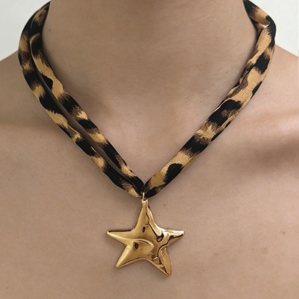 Charm Starfish Pendant Necklace Exaggerated Leopard Cloth Strip Necklace Collarbone Chain