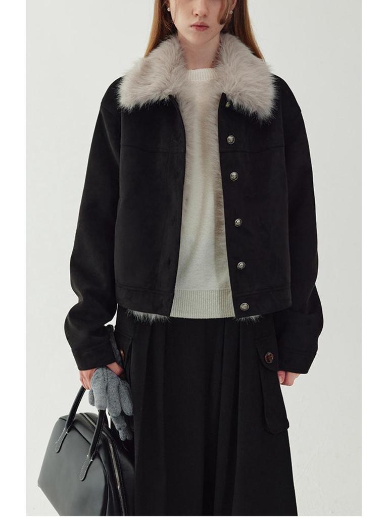Women's Retro Suede Jacket with Detachable Fur Collar - 2025 Autumn/Winter Collection
