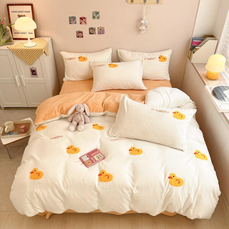 Cartoon Milk Velvet Four Piece Patch Embroidered Coral Velvet Quilt Cover Flannel Sheet Quilt Cover