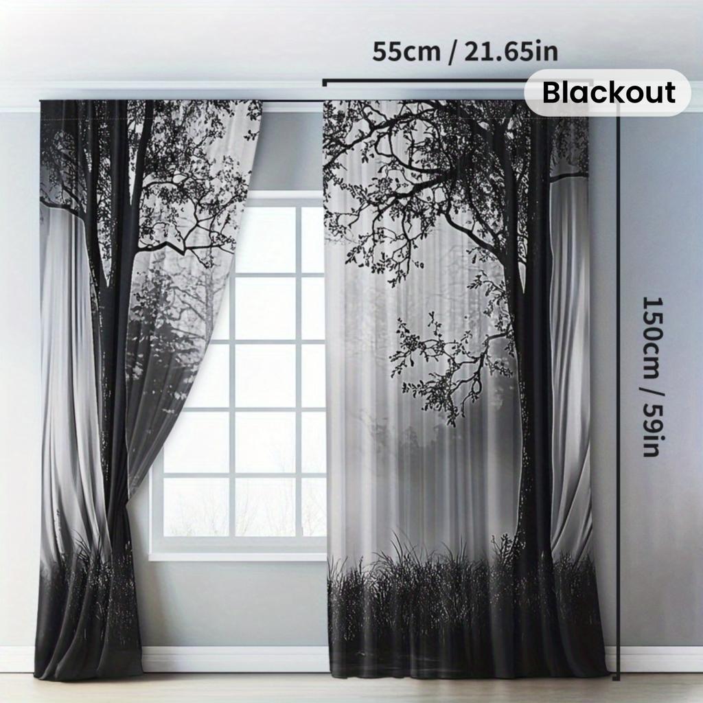 2PCS Blackout Curtains Misty Forest Gothic Print Polyester Rod Pocket Top for Bedroom Living Room Home Decor