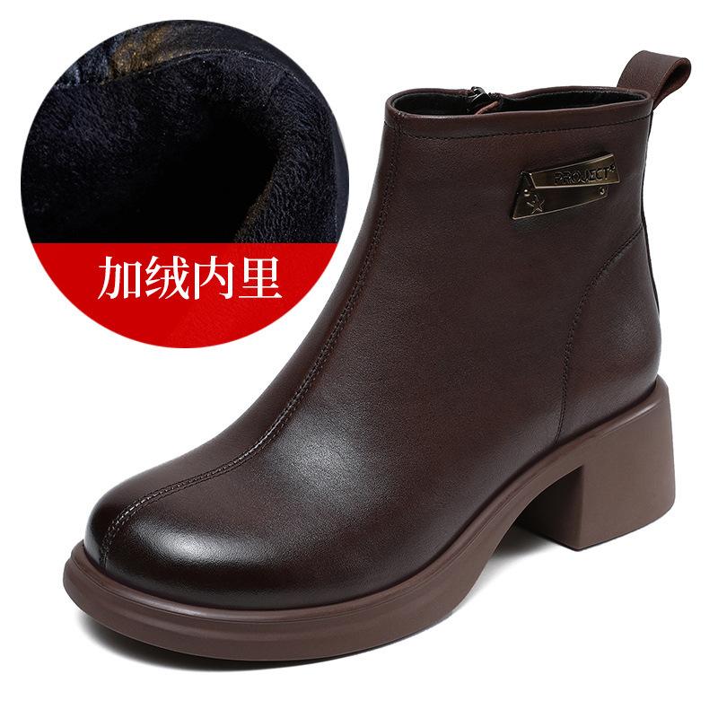 Skinny Short Boots Women's 2026 Autumn and Winter New Soft Cowhide Middle Heel Fashion Single Boots Round Head Thick Heel Velvet Leather Boots