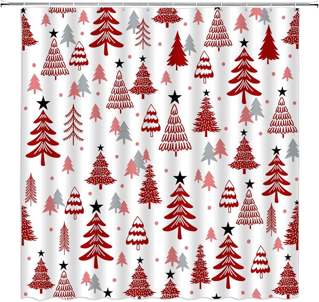 Christmas Tree Shower Curtain Blue Cute Xmas Tree Stars Cartoon Winter Holiday Merry Christmas New Year Bathroom Decor