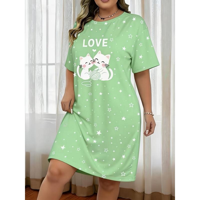 Women's Comfortable Short-sleeve Crewneck T-shirt Dress - Cute Cat and Star Letter Print Casual Dress with Star Embellishments