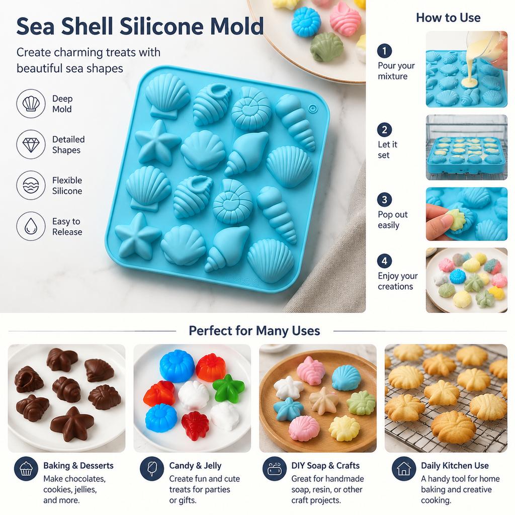 Sea Shell Silicone Mold Blue 16-Cavity Baking Form for Candy, Jelly, Chocolate, Soap and Kitchen DIY Crafts