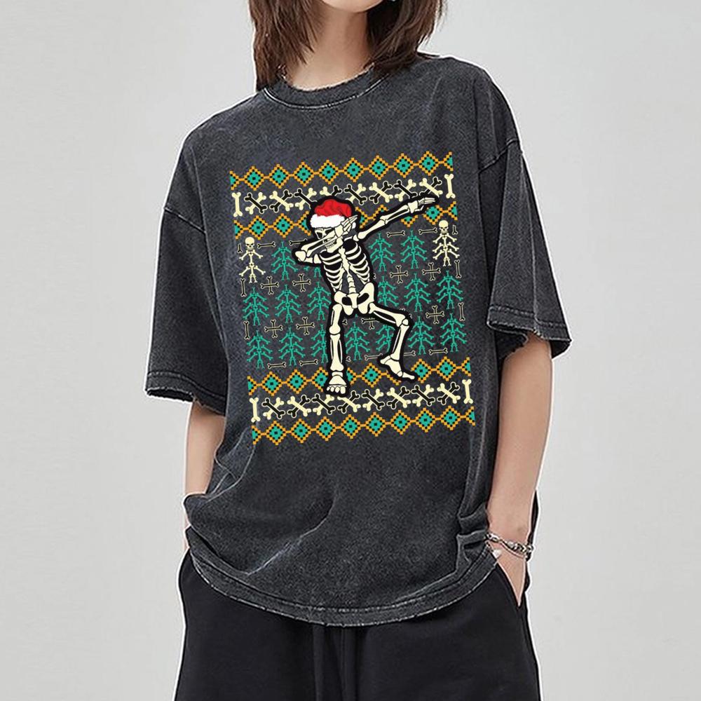 Skull Print Women's T-Shirt Y2K Unisex Style Oversized Washed Denim Short Sleeve Retro Trend Harajuku Top Men